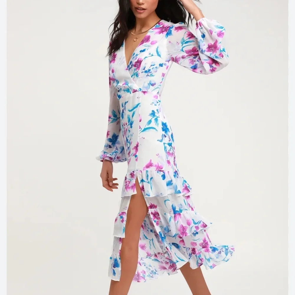 NWT Lulu’s Sweet Sunday Floral Print Long Sleeve Midi Dress Medium - Picture 3 of 14
